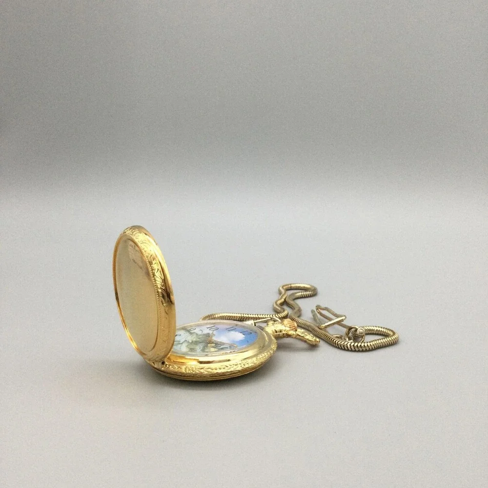 Bass Fish Pocket Key Ring Watch Mens 47mm Gold Tone Chain Fish Dial New Battery